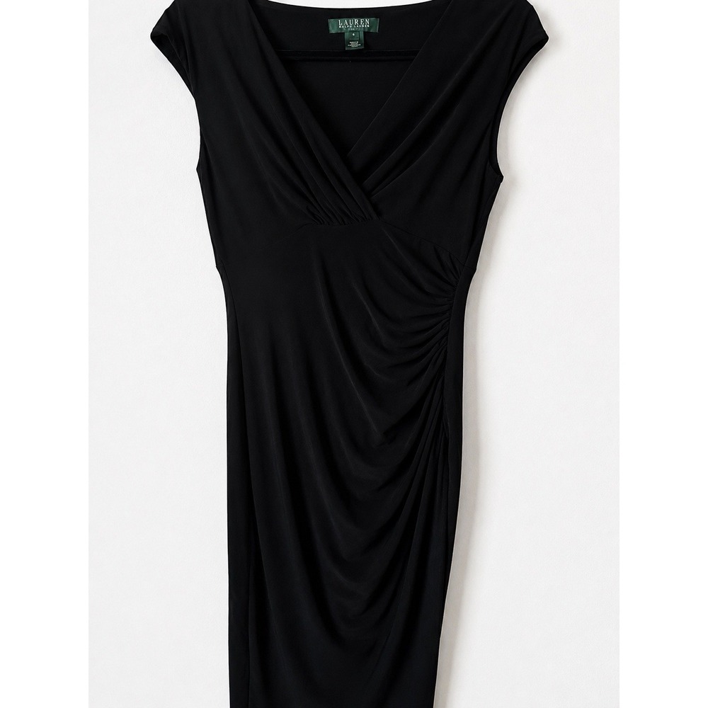 Lauren Ralph Lauren Black Solid V-Neck Ruched Cap Sleeve A-Line Midi 4